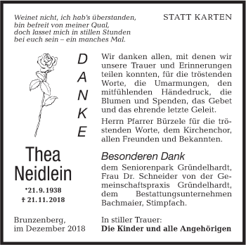 Traueranzeige von Thea Neidlein von Hohenloher Tagblatt