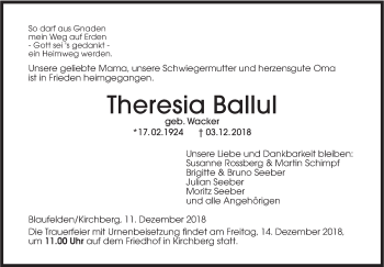 Traueranzeige von Theresia Ballul von Hohenloher Tagblatt