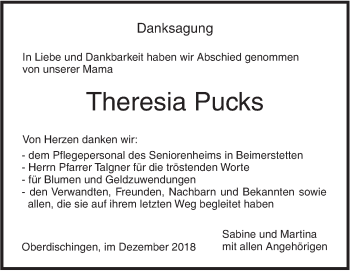 Traueranzeige von Theresia Pucks von SÜDWEST PRESSE Ausgabe Ulm/Neu-Ulm