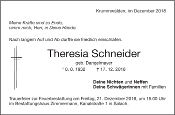 Traueranzeige von Theresia Schneider von NWZ Neue Württembergische Zeitung