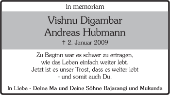 Traueranzeige von Vishnu Digambar Andreas Hubmann von SÜDWEST PRESSE Ausgabe Ulm/Neu-Ulm