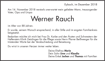 Traueranzeige von Werner Rauch von Geislinger Zeitung