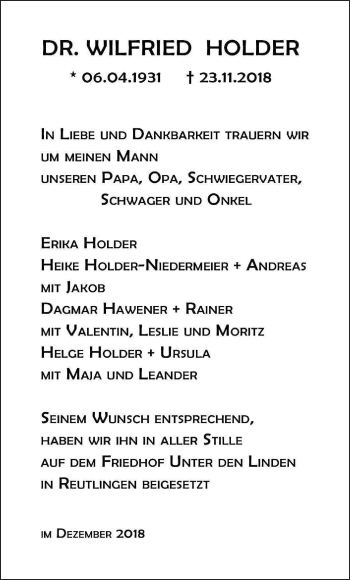 Traueranzeige von Wilfried Holder von Metzinger-Uracher Volksblatt