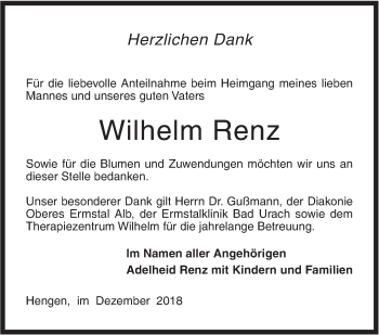 Traueranzeige von Wilhelm Renz von Metzinger-Uracher Volksblatt