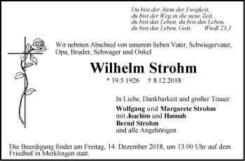 Traueranzeige von Wilhelm Strohm von SÜDWEST PRESSE Ausgabe Ulm/Neu-Ulm