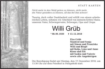 Traueranzeige von Willi Grüb von Hohenloher Tagblatt