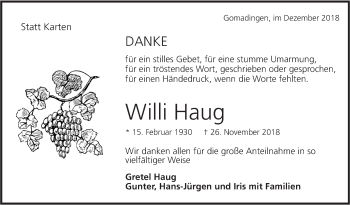 Traueranzeige von Willi Haug von Alb-Bote/Metzinger-Uracher Volksblatt