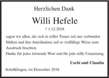 Traueranzeige von Willi Hefele von Ehinger Tagblatt