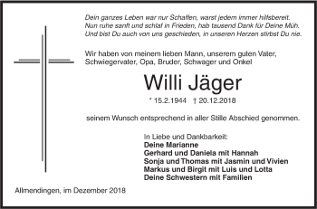 Traueranzeige von Willi Jäger von Ehinger Tagblatt