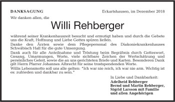 Traueranzeige von Willi Rehberger von Haller Tagblatt