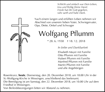 Traueranzeige von Wolfgang Pflumm von Hohenzollerische Zeitung