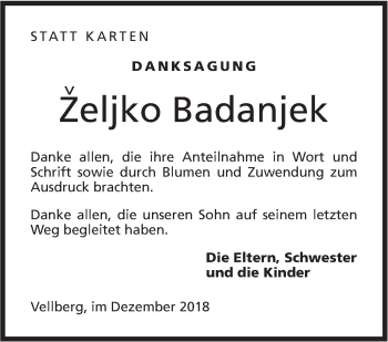 Traueranzeige von Zeljko Badanjek von Haller Tagblatt