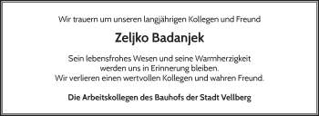 Traueranzeige von Zeljko Badanjek von Haller Tagblatt