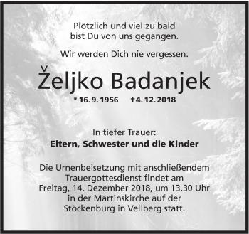 Traueranzeige von Zeljko Badanjek von Haller Tagblatt