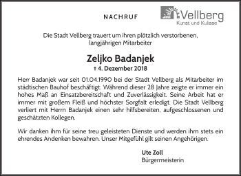 Traueranzeige von Zeljko Badanjek von Haller Tagblatt