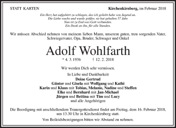 Traueranzeige von Adolf Wohlfarth von Rundschau Gaildorf