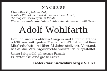 Traueranzeige von Adolf Wohlfarth von Rundschau Gaildorf