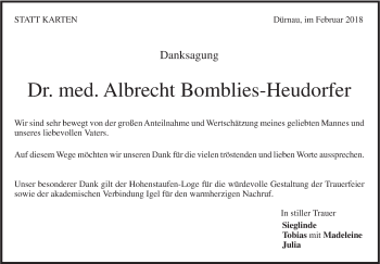 Traueranzeige von Albrecht Bomblies-Heudorfer von NWZ Neue Württembergische Zeitung