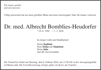 Traueranzeige von Albrecht Bomblies-Heudorfer von NWZ Neue Württembergische Zeitung