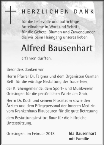 Traueranzeige von Alfred Bausenhart von Ehinger Tagblatt