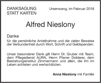 Traueranzeige von Alfred Nieslony von NWZ Neue Württembergische Zeitung