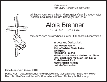 Traueranzeige von Alois Brenner von Ehinger Tagblatt