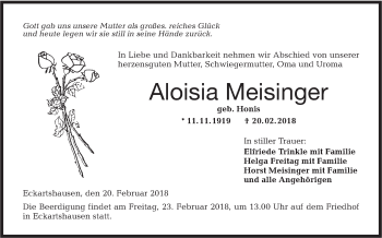 Traueranzeige von Aloisia Meisinger von Hohenloher Tagblatt