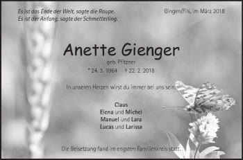 Traueranzeige von Anette Gienger von Geislinger Zeitung