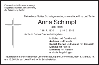 Traueranzeige von Anna Schimpf von NWZ Neue Württembergische Zeitung/Geislinger Zeitung