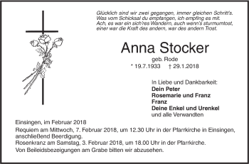 Traueranzeige von Anna Stocker von SÜDWEST PRESSE Ausgabe Ulm/Neu-Ulm