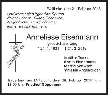 Traueranzeige von Anneliese Eisenmann von NWZ Neue Württembergische Zeitung