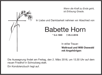 Traueranzeige von Babette Horn von Hohenloher Tagblatt