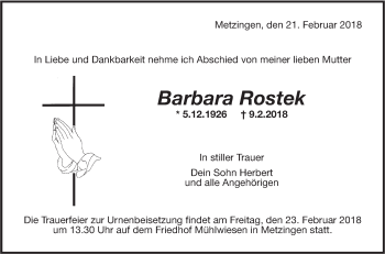 Traueranzeige von Barbara Rostek von Metzinger-Uracher Volksblatt