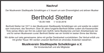 Traueranzeige von Berthold Stetter von Ehinger Tagblatt