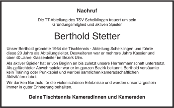 Traueranzeige von Berthold Stetter von Ehinger Tagblatt