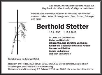 Traueranzeige von Berthold Stetter von Ehinger Tagblatt