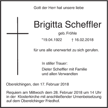 Traueranzeige von Brigitta Scheffler von SÜDWEST PRESSE Ausgabe Ulm/Neu-Ulm