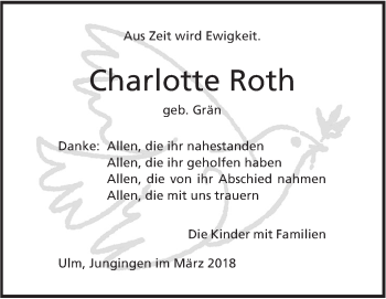 Traueranzeige von Charlotte Roth von SÜDWEST PRESSE Ausgabe Ulm/Neu-Ulm