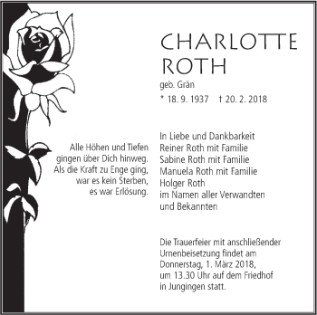 Traueranzeige von Charlotte Roth von SÜDWEST PRESSE Ausgabe Ulm/Neu-Ulm