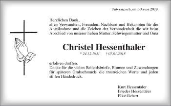 Traueranzeige von Christel Hessenthaler von Haller Tagblatt