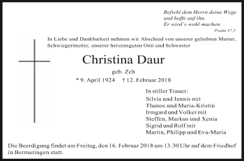 Traueranzeige von Christina Daur von SÜDWEST PRESSE Ausgabe Ulm/Neu-Ulm