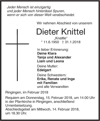 Traueranzeige von Dieter Knittel von SÜDWEST PRESSE Ausgabe Ulm/Neu-Ulm