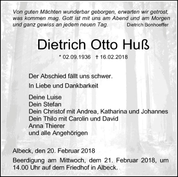 Traueranzeige von Dietrich Otto Huß von SÜDWEST PRESSE Ausgabe Ulm/Neu-Ulm