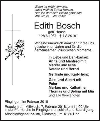 Traueranzeige von Edith Bosch von Ehinger Tagblatt