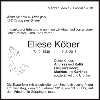 Traueranzeige von Eliese Köber von NWZ Neue Württembergische Zeitung