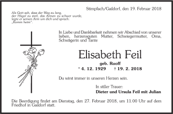 Traueranzeige von Elisabeth Feil von Rundschau Gaildorf