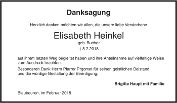 Traueranzeige von Elisabeth Heinkel von SÜDWEST PRESSE