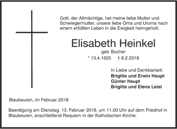 Traueranzeige von Elisabeth Heinkel von SÜDWEST PRESSE Ausgabe Ulm/Neu-Ulm