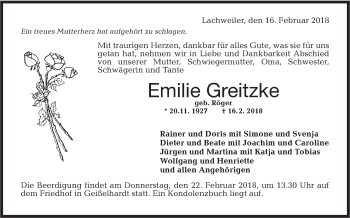 Traueranzeige von Emilie Greitzke von Haller Tagblatt