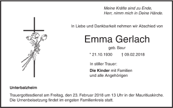 Traueranzeige von Emma Gerlach von Illertal Bote